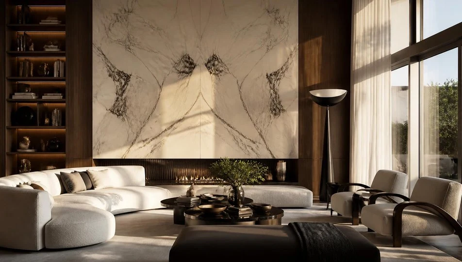 Refined interior with warm timber, natural stone and soft daylight